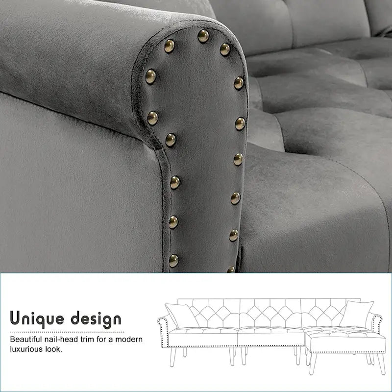 Divano-letto convertibile in velluto, divano componibile con pouf, divano-letto futon stile Mid-Century - 32P x 100,7L x 29,9A