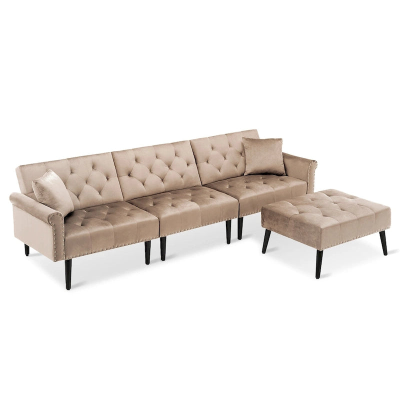 Divano-letto convertibile in velluto, divano componibile con pouf, divano-letto futon stile Mid-Century - 32P x 100,7L x 29,9A