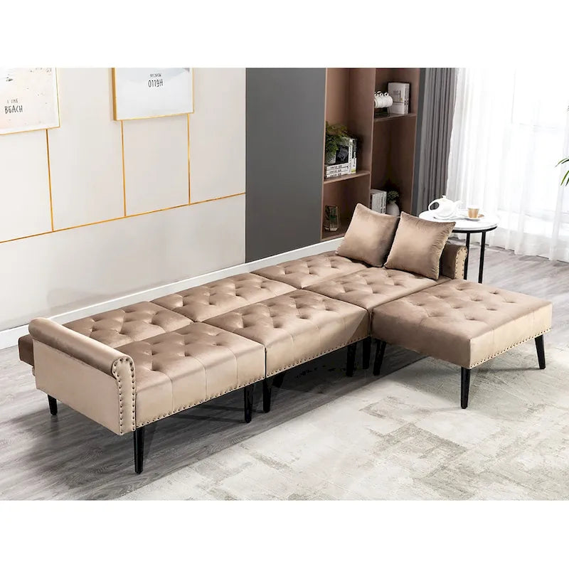 Divano-letto convertibile in velluto, divano componibile con pouf, divano-letto futon stile Mid-Century - 32P x 100,7L x 29,9A