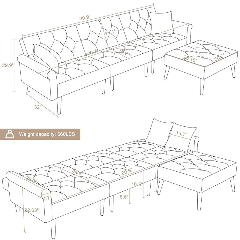 Divano-letto convertibile in velluto, divano componibile con pouf, divano-letto futon stile Mid-Century - 32P x 100,7L x 29,9A