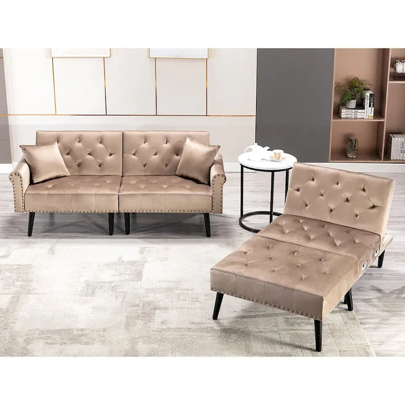 Divano-letto convertibile in velluto, divano componibile con pouf, divano-letto futon stile Mid-Century - 32P x 100,7L x 29,9A