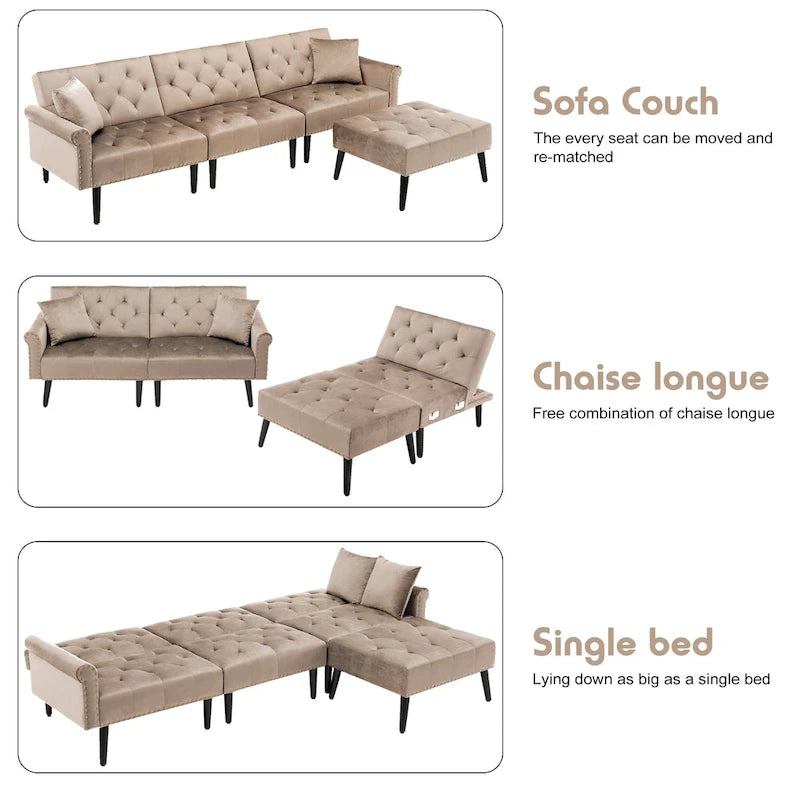 Divano-letto convertibile in velluto, divano componibile con pouf, divano-letto futon stile Mid-Century - 32P x 100,7L x 29,9A