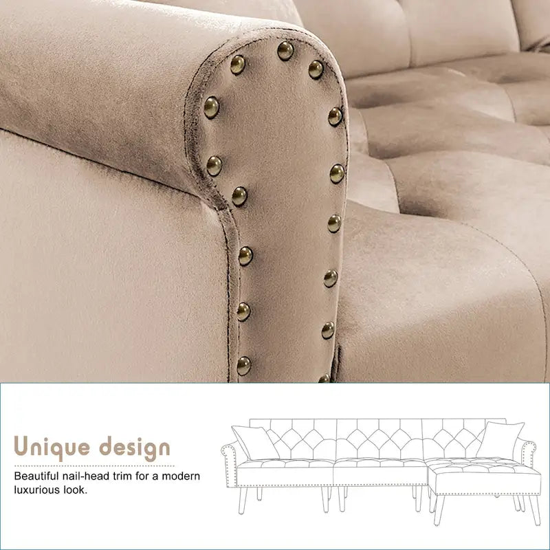Divano-letto convertibile in velluto, divano componibile con pouf, divano-letto futon stile Mid-Century - 32P x 100,7L x 29,9A