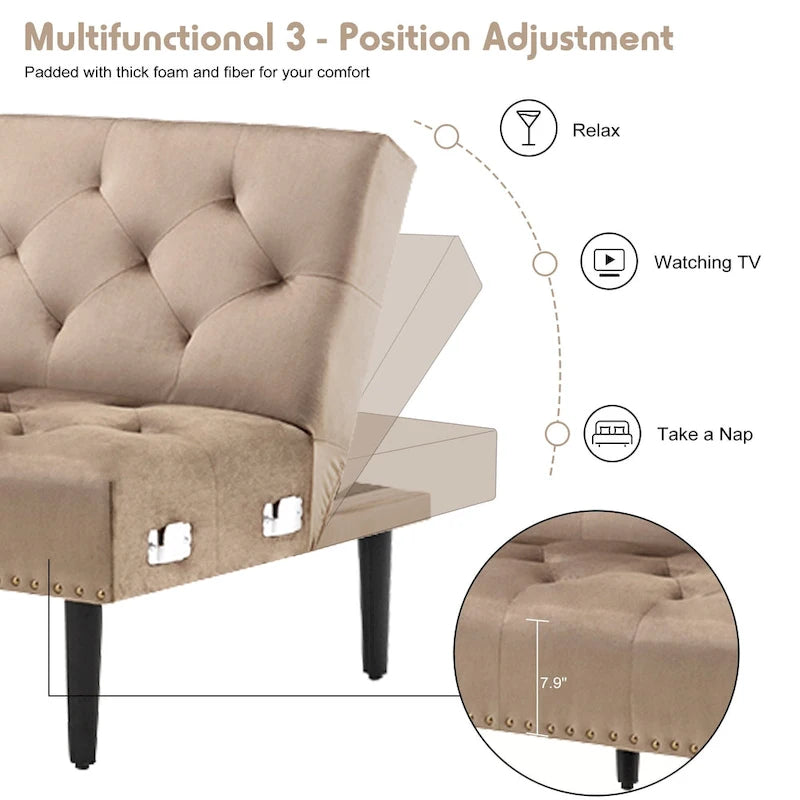 Divano-letto convertibile in velluto, divano componibile con pouf, divano-letto futon stile Mid-Century - 32P x 100,7L x 29,9A