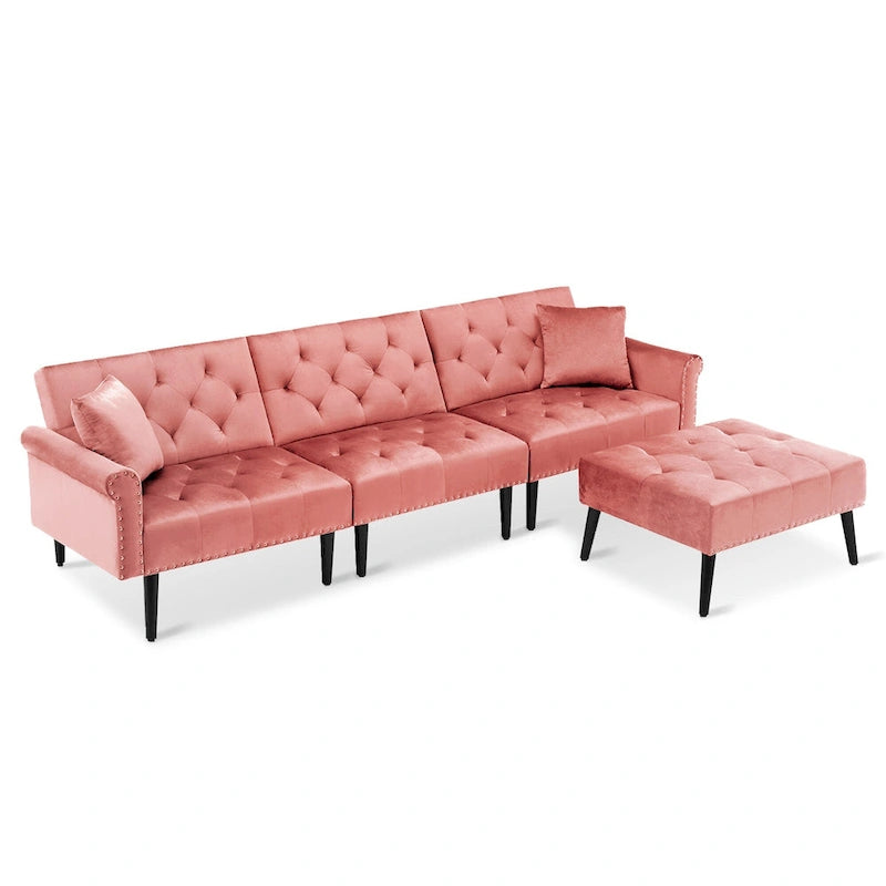 Divano-letto convertibile in velluto, divano componibile con pouf, divano-letto futon stile Mid-Century - 32P x 100,7L x 29,9A