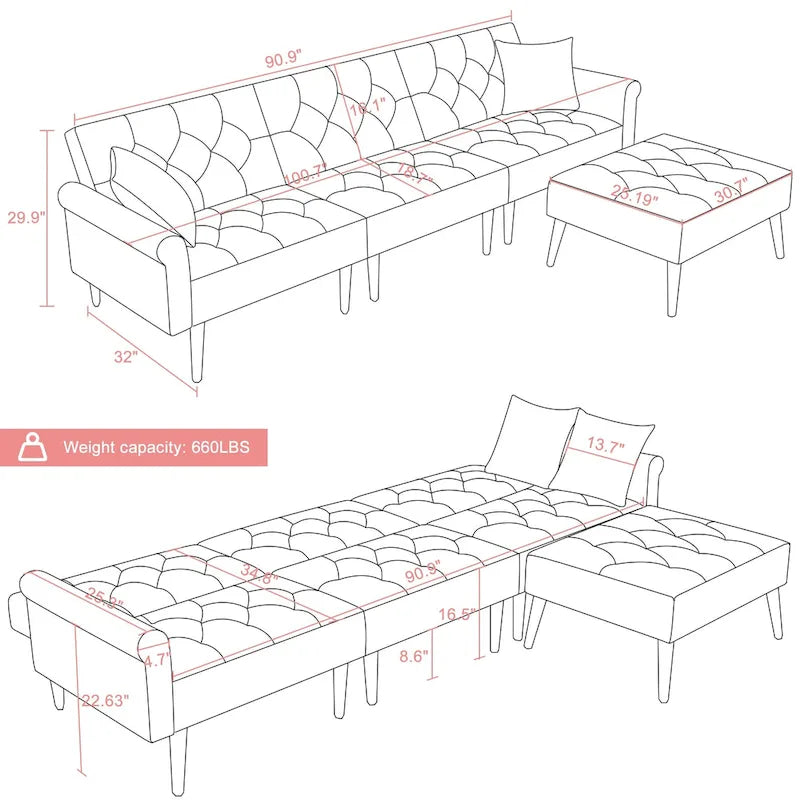 Divano-letto convertibile in velluto, divano componibile con pouf, divano-letto futon stile Mid-Century - 32P x 100,7L x 29,9A