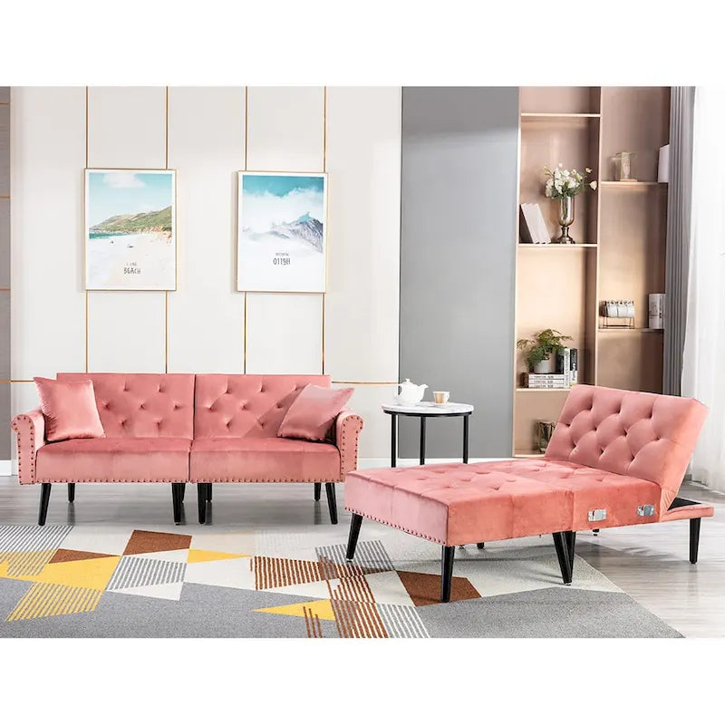 Divano-letto convertibile in velluto, divano componibile con pouf, divano-letto futon stile Mid-Century - 32P x 100,7L x 29,9A