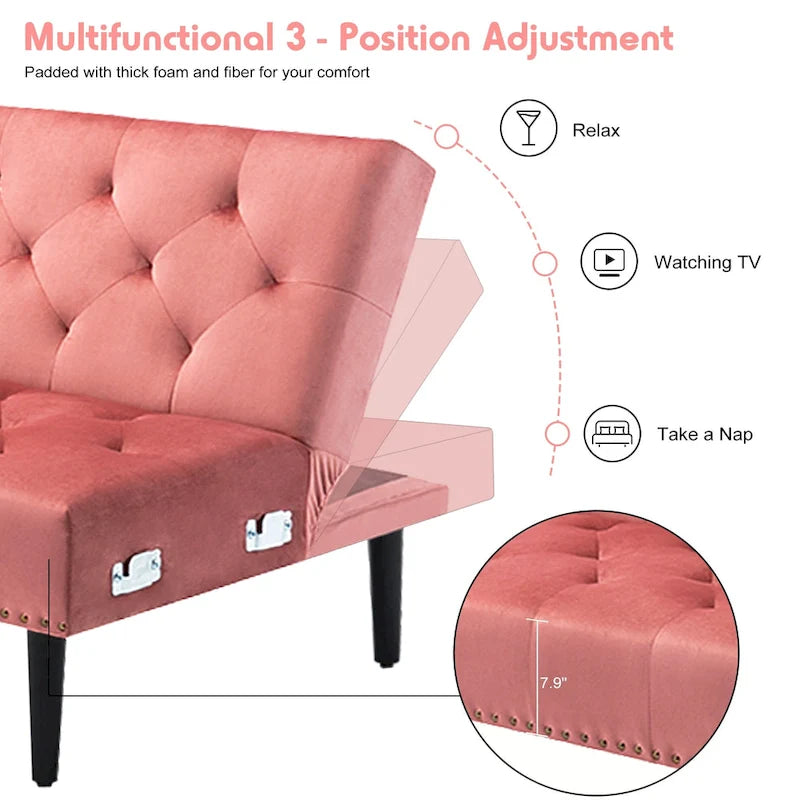 Divano-letto convertibile in velluto, divano componibile con pouf, divano-letto futon stile Mid-Century - 32P x 100,7L x 29,9A