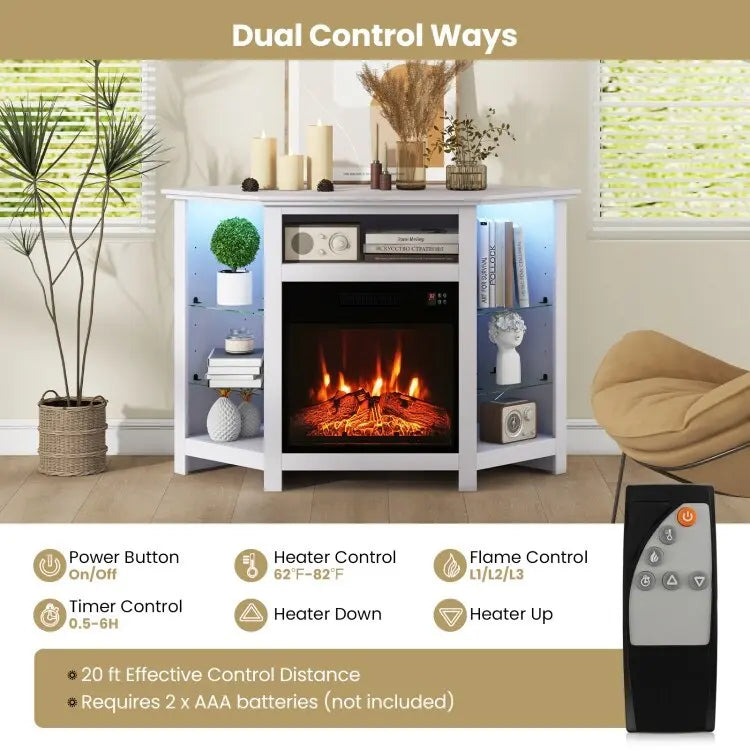 Electric Fireplace Corner TV Stand with LED Lights and Adjustable Glass Shelves - 45 x 22 x 30