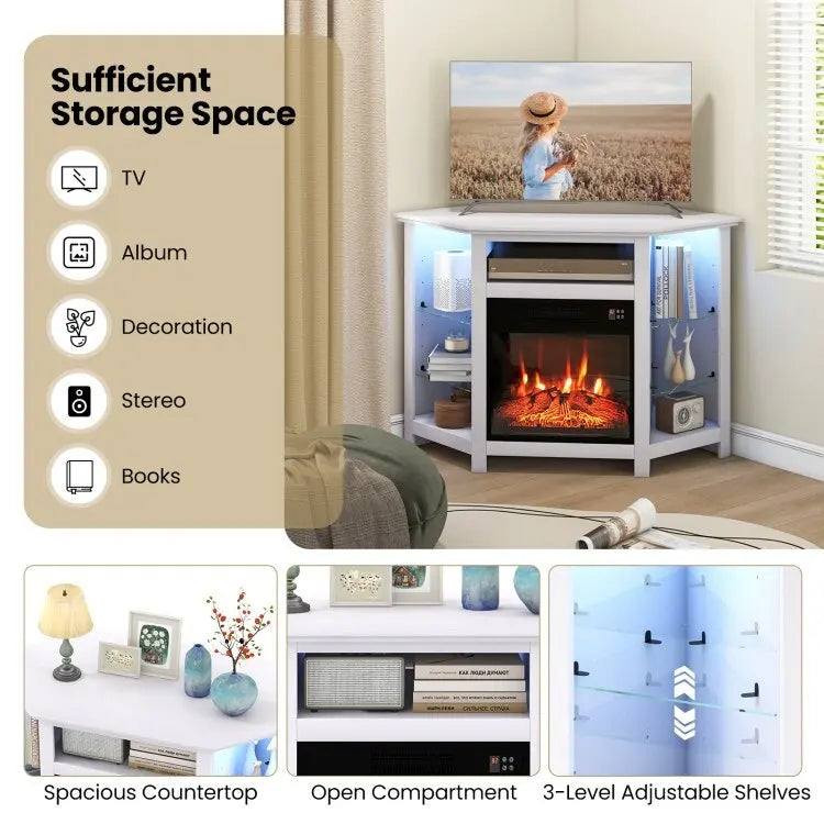 Electric Fireplace Corner TV Stand with LED Lights and Adjustable Glass Shelves - 45 x 22 x 30