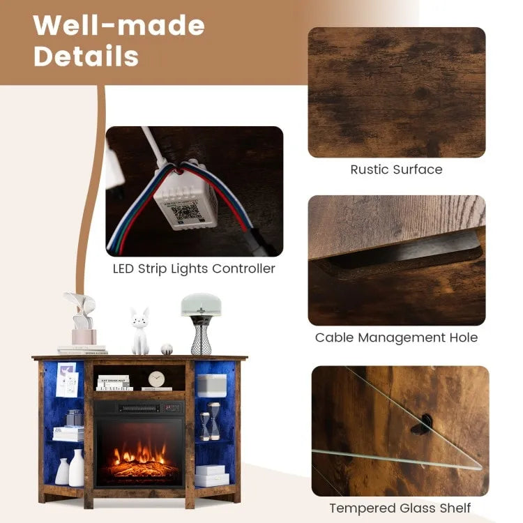 Electric Fireplace Corner TV Stand with LED Lights and Adjustable Glass Shelves - 45 x 22 x 30