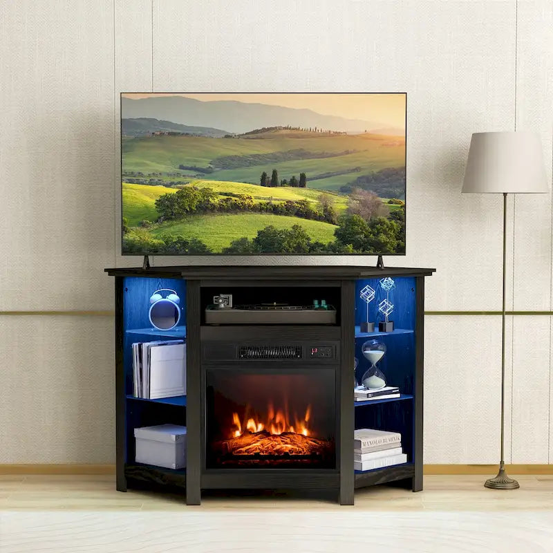 Electric Fireplace Corner TV Stand with LED Lights and Adjustable Glass Shelves - 45 x 22 x 30
