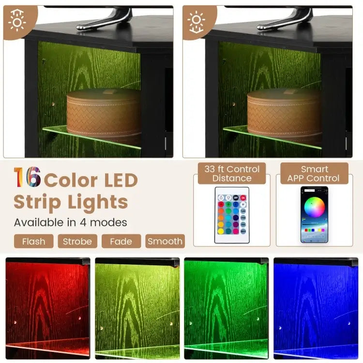 Electric Fireplace Corner TV Stand with LED Lights and Adjustable Glass Shelves - 45 x 22 x 30