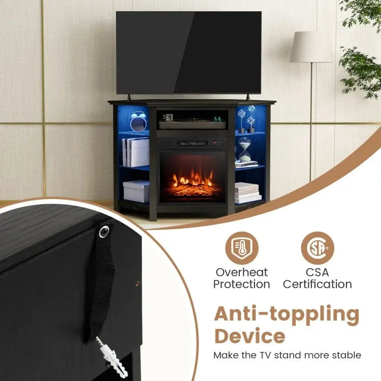 Electric Fireplace Corner TV Stand with LED Lights and Adjustable Glass Shelves - 45 x 22 x 30