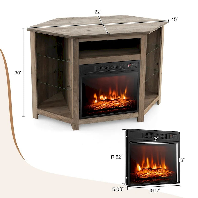 Electric Fireplace Corner TV Stand with LED Lights and Adjustable Glass Shelves - 45 x 22 x 30