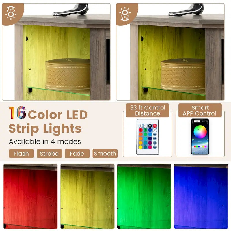 Electric Fireplace Corner TV Stand with LED Lights and Adjustable Glass Shelves - 45 x 22 x 30
