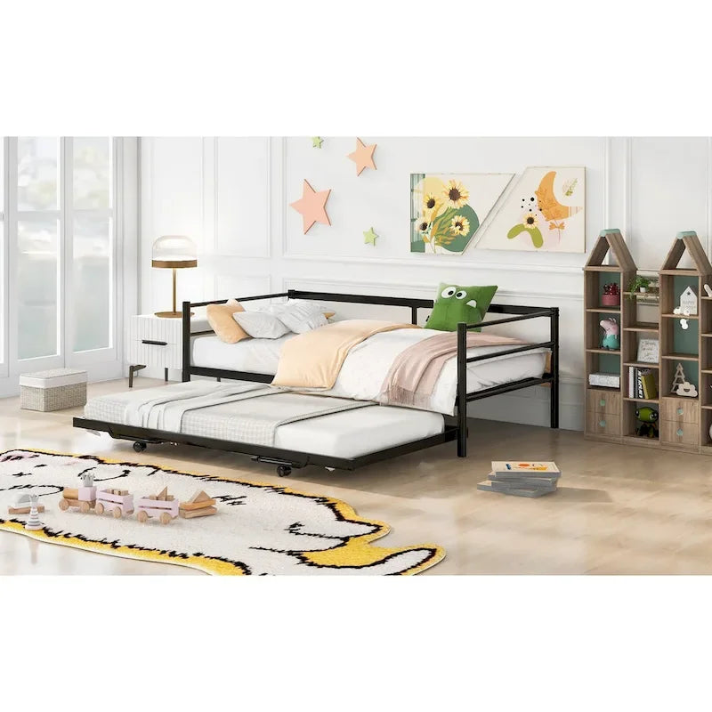 Metal Daybed with Adjustable Trundle, Pop Up Trundle
