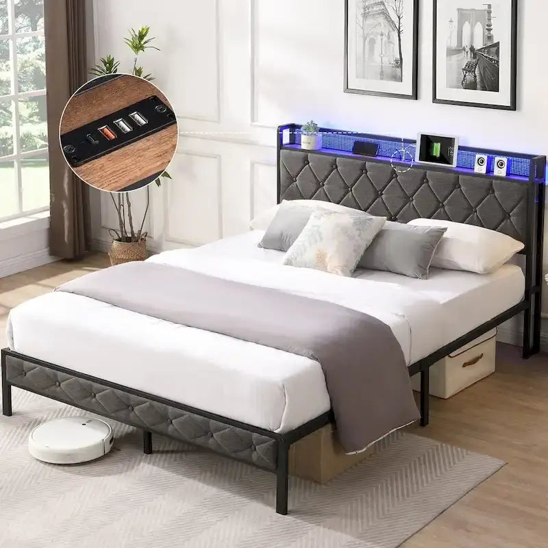 Full Bed Frame with Charging Station and LED Lights, Upholstered Platform Bed with Heavy Metal Slats, No Box Spring Needed