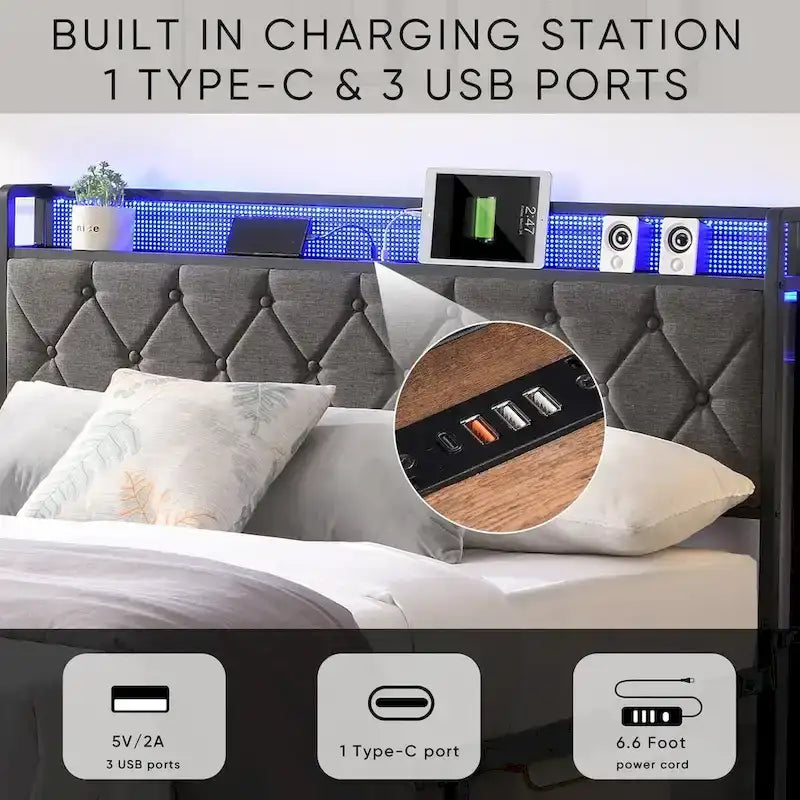 Full Bed Frame with Charging Station and LED Lights, Upholstered Platform Bed with Heavy Metal Slats, No Box Spring Needed