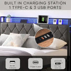 Full Bed Frame with Charging Station and LED Lights, Upholstered Platform Bed with Heavy Metal Slats, No Box Spring Needed