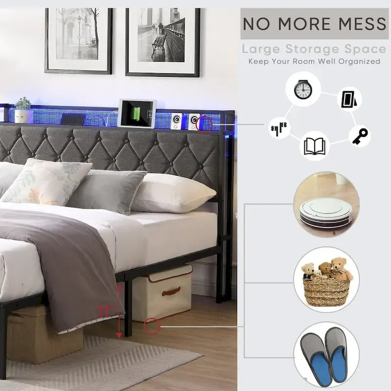 Full Bed Frame with Charging Station and LED Lights, Upholstered Platform Bed with Heavy Metal Slats, No Box Spring Needed
