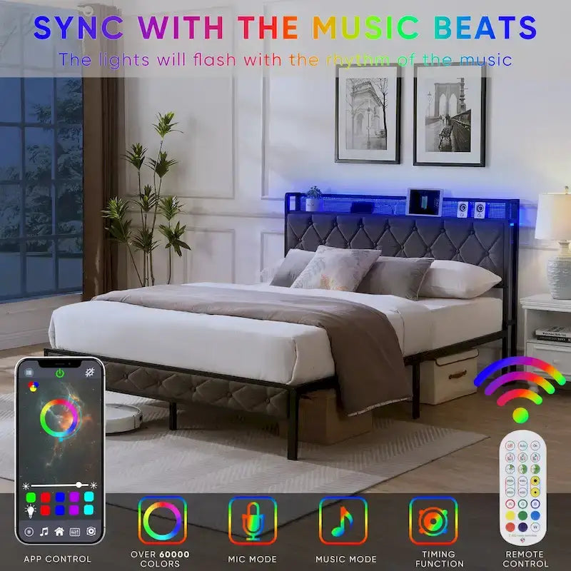 Full Bed Frame with Charging Station and LED Lights, Upholstered Platform Bed with Heavy Metal Slats, No Box Spring Needed