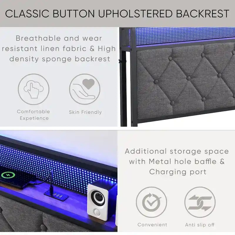 Full Bed Frame with Charging Station and LED Lights, Upholstered Platform Bed with Heavy Metal Slats, No Box Spring Needed