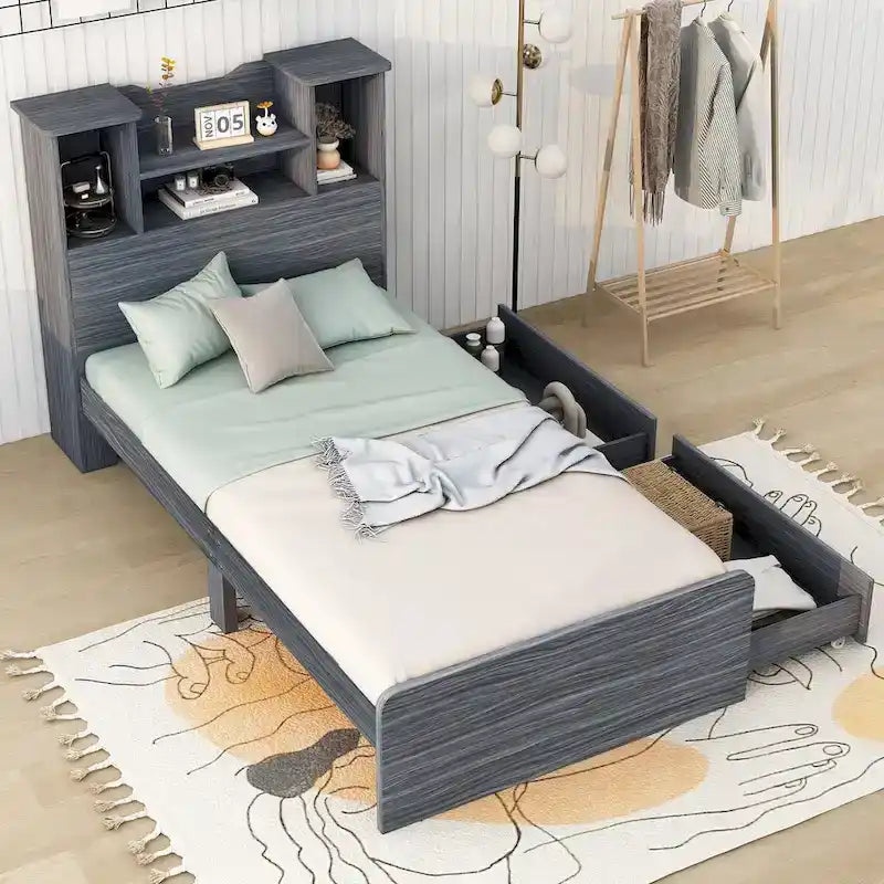 Twin Size Storage Platform Bed Frame with Shelves and Drawers