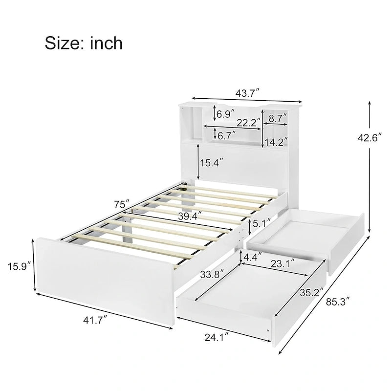 Twin Size Storage Platform Bed Frame with Shelves and Drawers