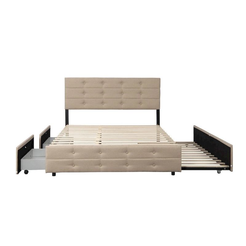 Queen Size Upholstered Linen Fabric Trundle Bed with Drawers, Queen Size Bed