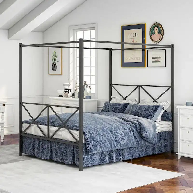 Struttura letto a baldacchino in metallo, Struttura letto a piattaforma Queen con telaio a X Queen Nero