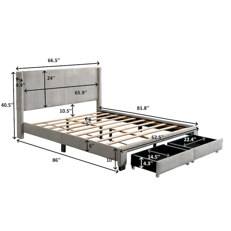 Footboard Drawer Storage Upholstered Wingback Bed