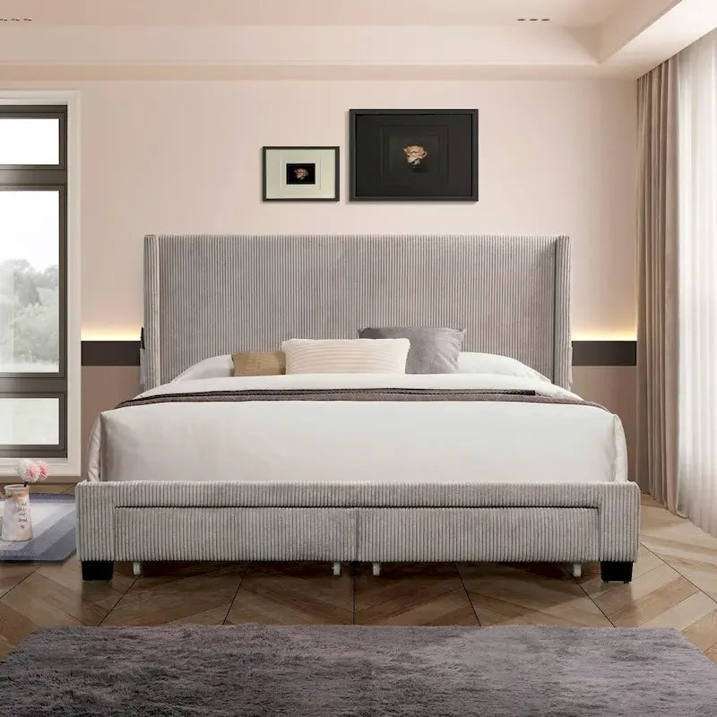 Footboard Drawer Storage Upholstered Wingback Bed