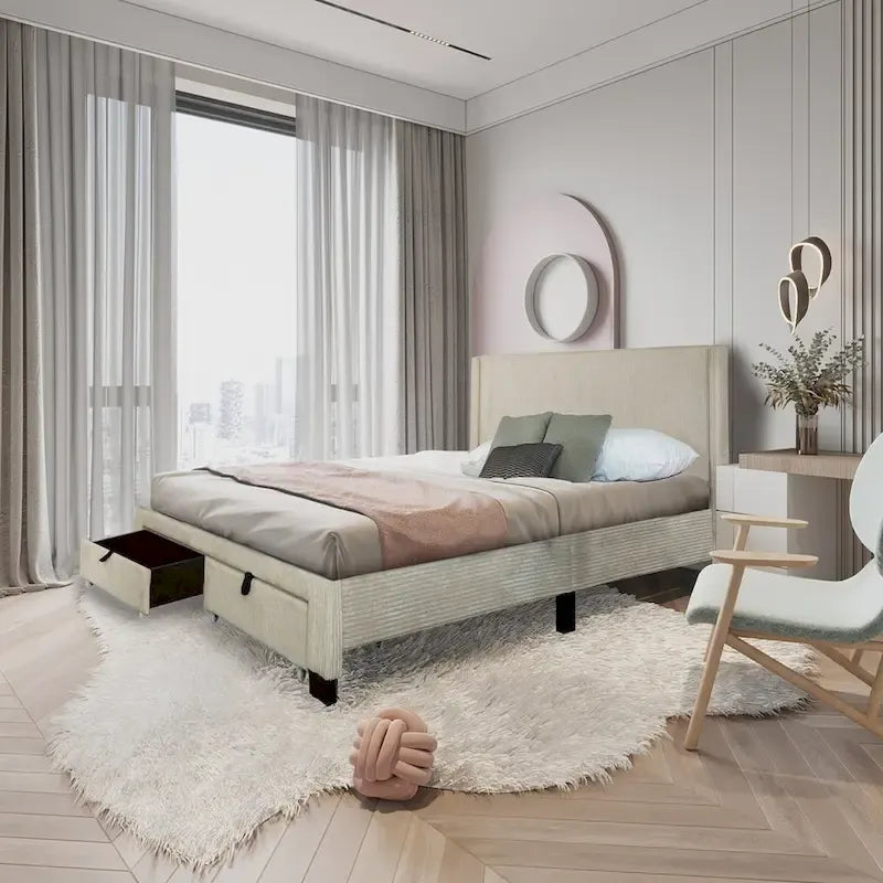 Footboard Drawer Storage Upholstered Wingback Bed