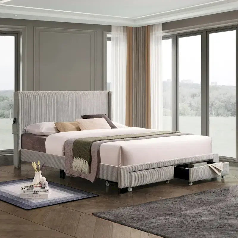 Footboard Drawer Storage Upholstered Wingback Bed