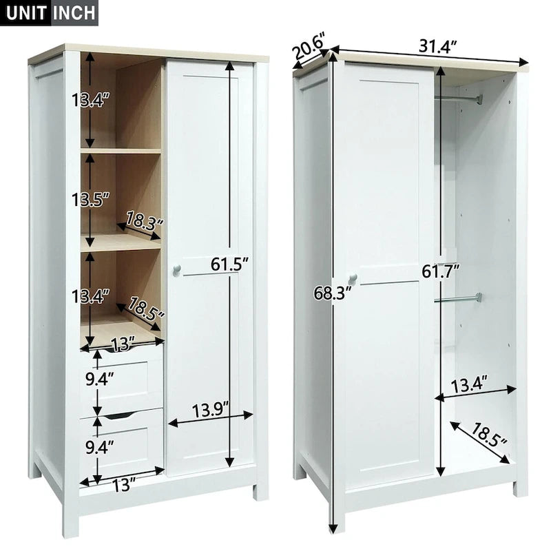 Nestfair Bedroom Storage Wardrobe with Hanging Rods and 2 Drawers and Open Shelves