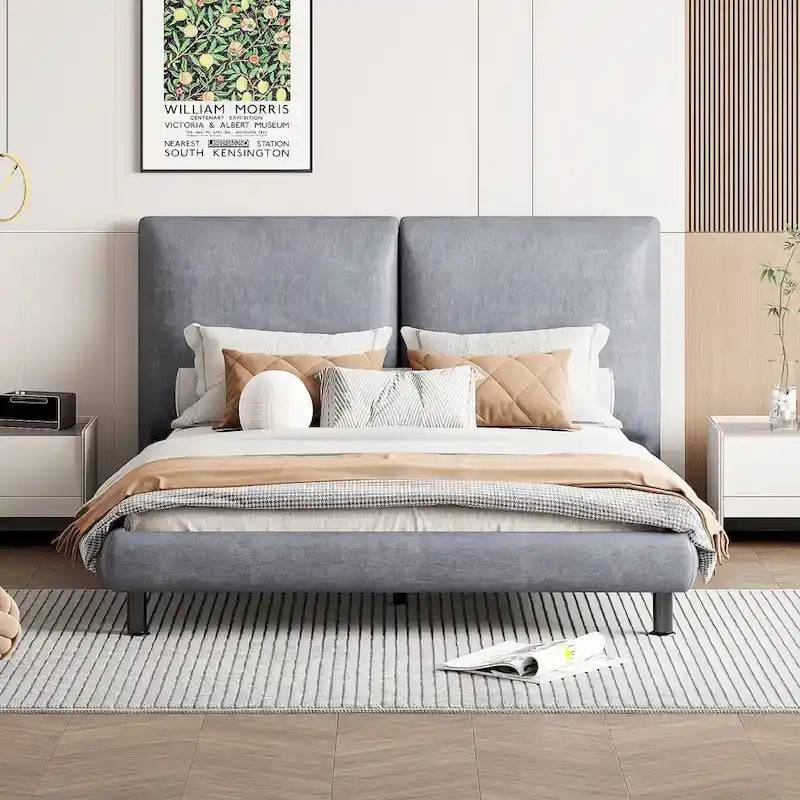 Letto a piattaforma Queen Size con due poggiatesta grandi