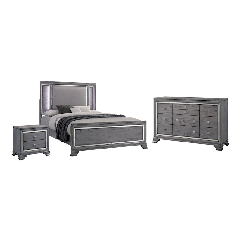 Furniture of America Taia Contemporary Grey 3-Piece Panel Bed, Nightstand and Dresser Set with LED
