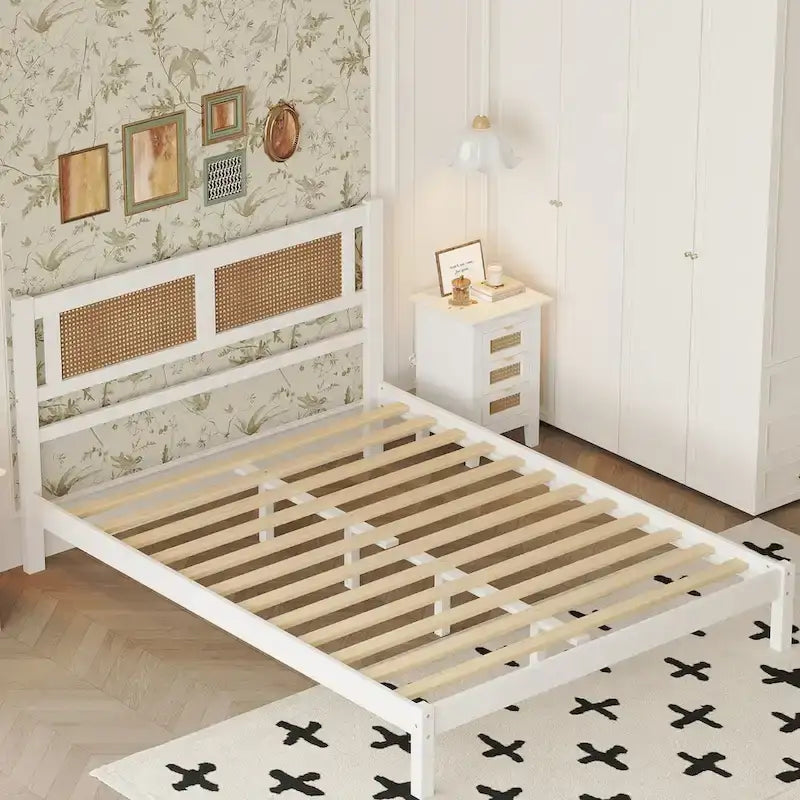 Queen Size Wooden Platform Bed with Natural Rattan Headboard, Exquisite Elegance with Minimalist Charm for Bedroom