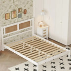 Queen Size Wooden Platform Bed with Natural Rattan Headboard, Exquisite Elegance with Minimalist Charm for Bedroom