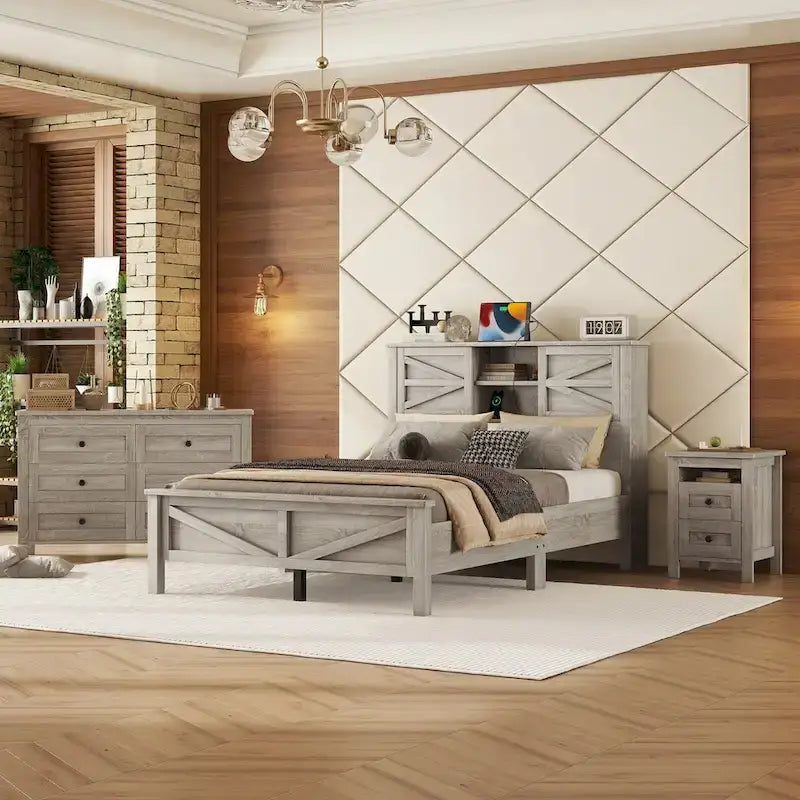 3-Pieces Bedroom Sets Queen Size Platform Bed with Storage Nightstand and Dresser