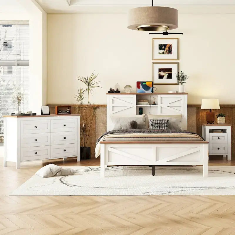 3-Pieces Bedroom Sets Queen Size Platform Bed with Storage Nightstand and Dresser