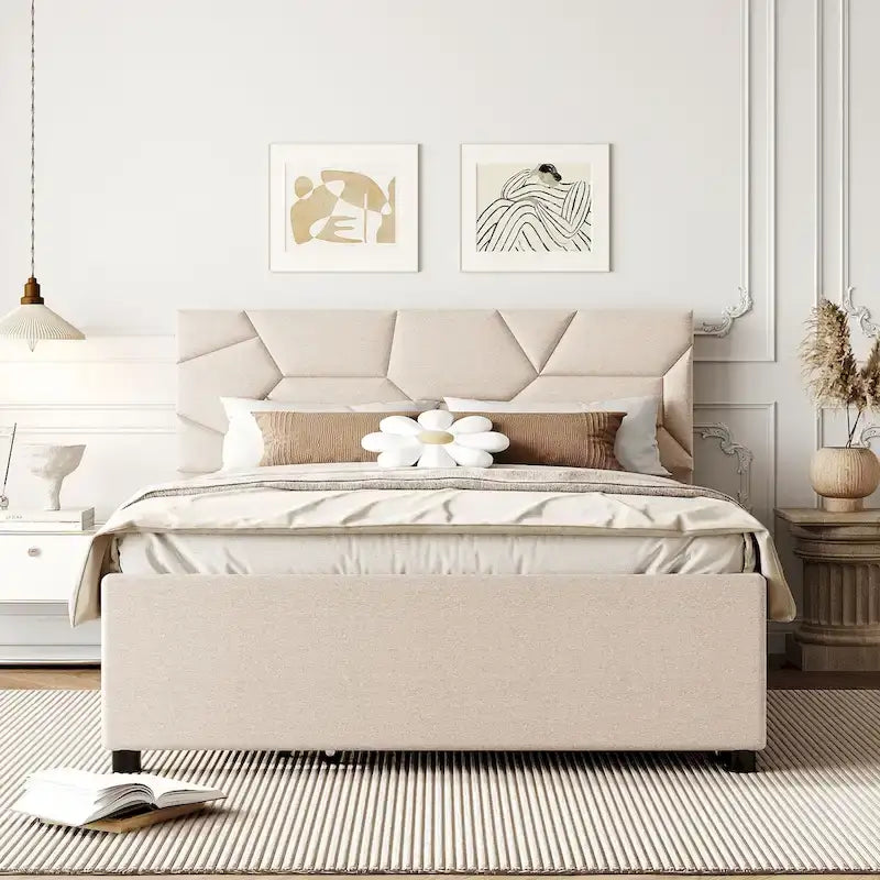 Full Size Upholstered Platform Bed with Brick Pattern Headboard and Twin Size Trundle, Linen Fabric