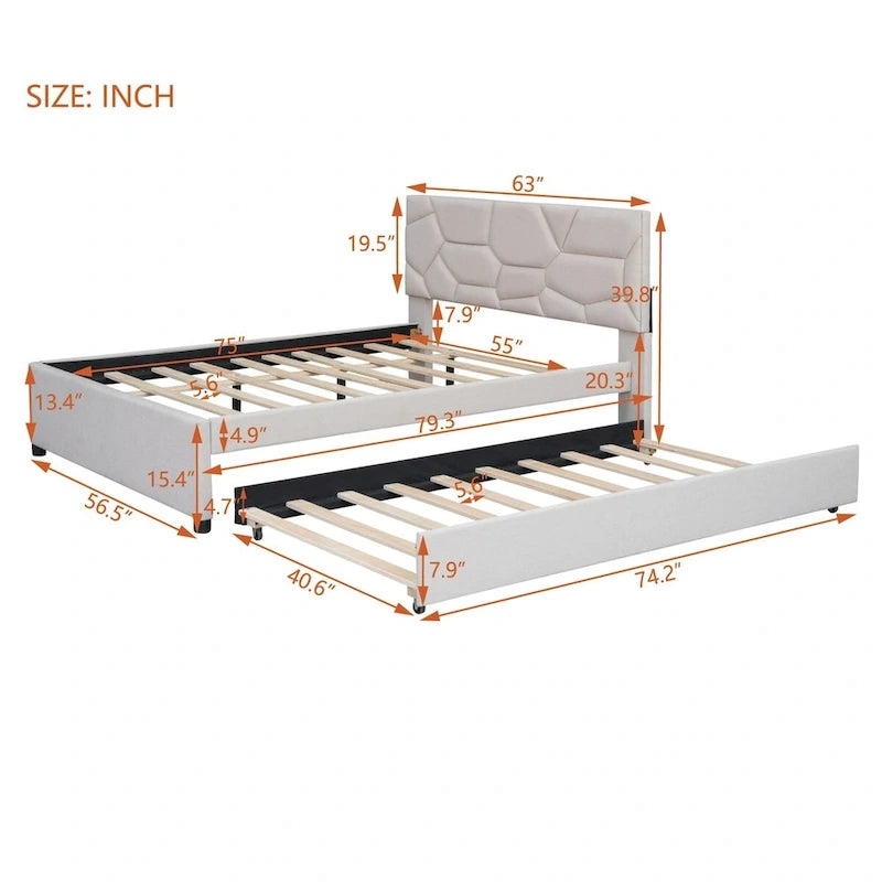 Full Size Upholstered Platform Bed with Brick Pattern Headboard and Twin Size Trundle, Linen Fabric