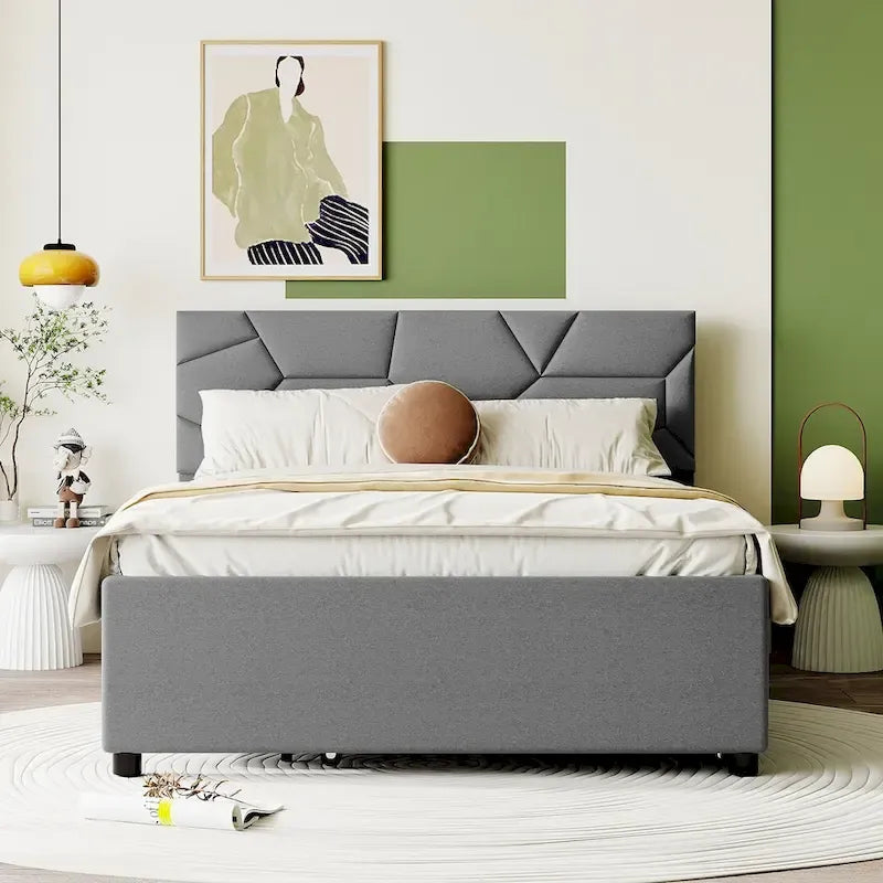 Full Size Upholstered Platform Bed with Brick Pattern Headboard and Twin Size Trundle, Linen Fabric