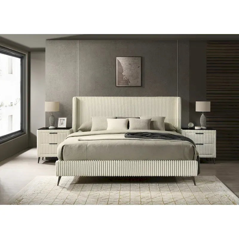 Roundhill Furniture Mavela Wide Wale Corduroy Upholstery Panel Bed with 2 Nightstands and Bench, Cream