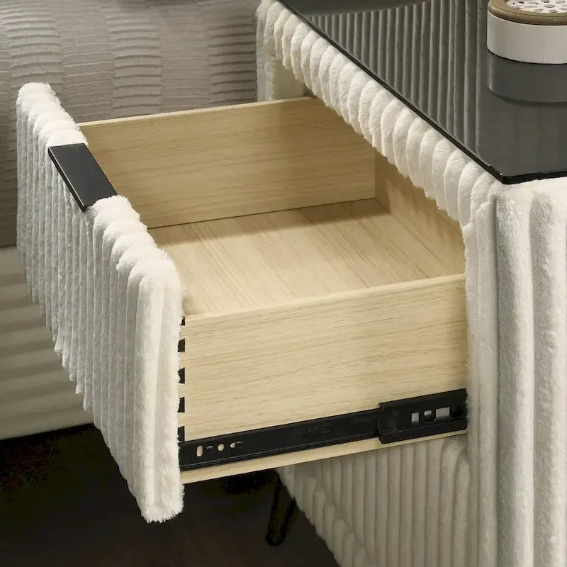 Roundhill Furniture Mavela Wide Wale Corduroy Upholstery Panel Bed with 2 Nightstands and Bench, Cream