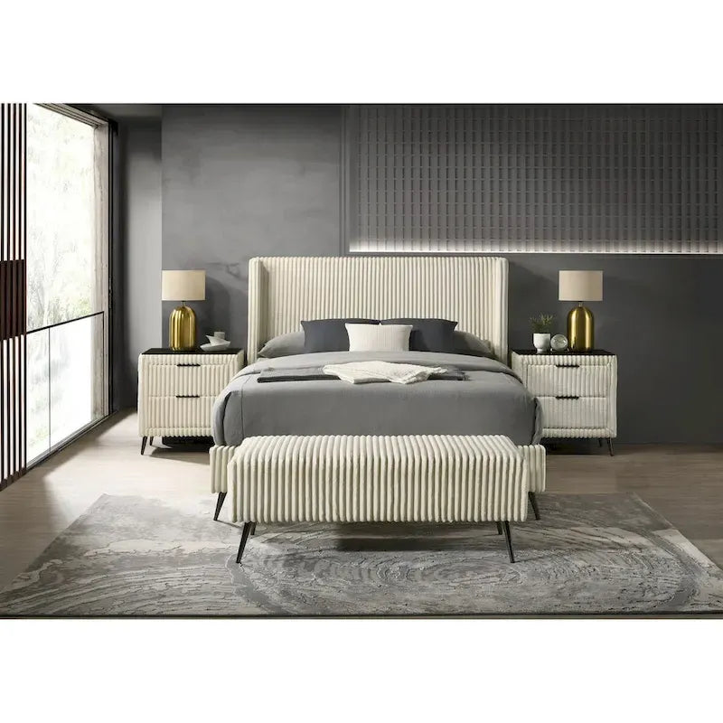 Roundhill Furniture Mavela Wide Wale Corduroy Upholstery Panel Bed with 2 Nightstands and Bench, Cream