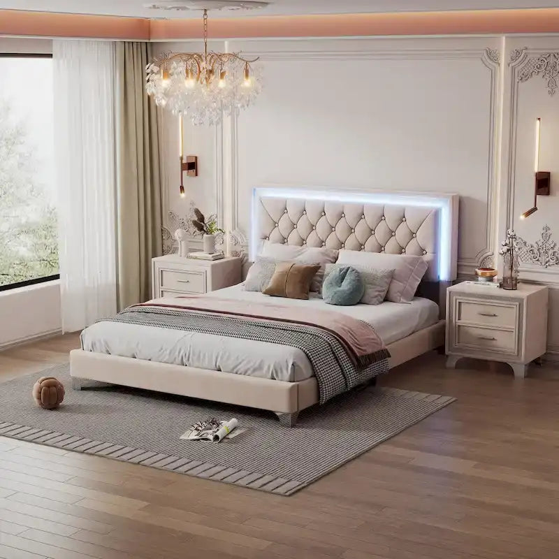 Set camera da letto da 3 pezzi con letto a piattaforma imbottito queen size e due comodini