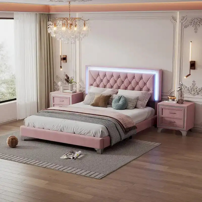 Set camera da letto da 3 pezzi con letto a piattaforma imbottito queen size e due comodini